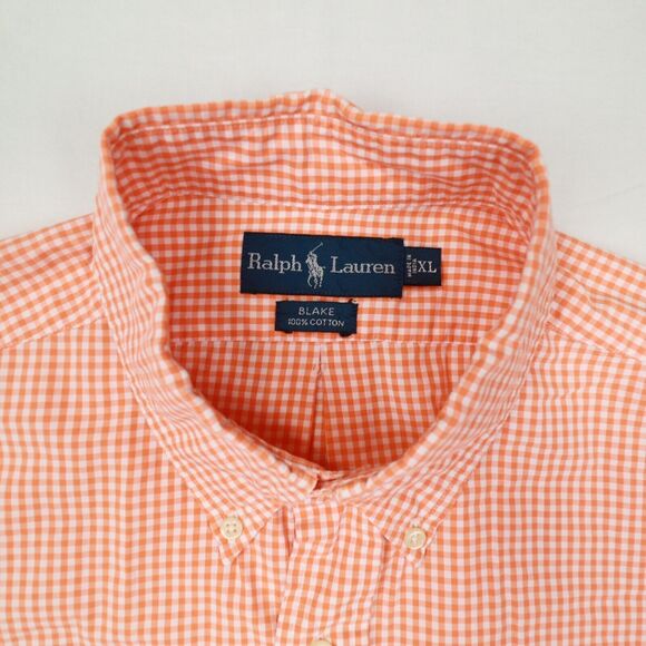 Ralph Lauren Vintage Men's Orange White Gingham Check Blake Button Up size XL‎ - Picture 2 of 10